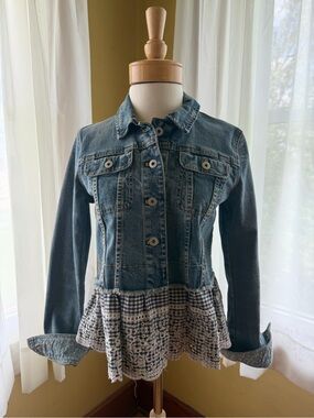 Denim Jacket with Embroidered Gingham Peplum Hem - Blue